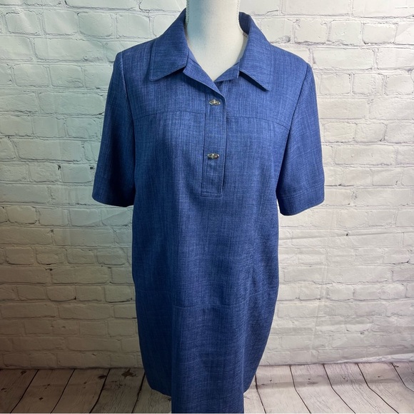 TAHARI Blue Stretch Denim Look Turn Lock Dress 8 Petite - Picture 2 of 11